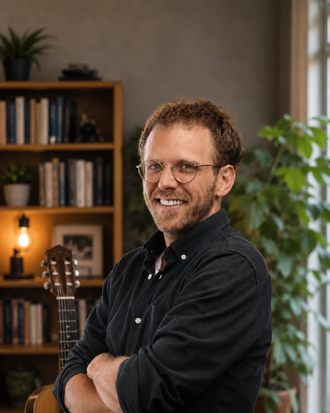 Yuvi Aberman seated in a warm room with books, plants, and a guitar